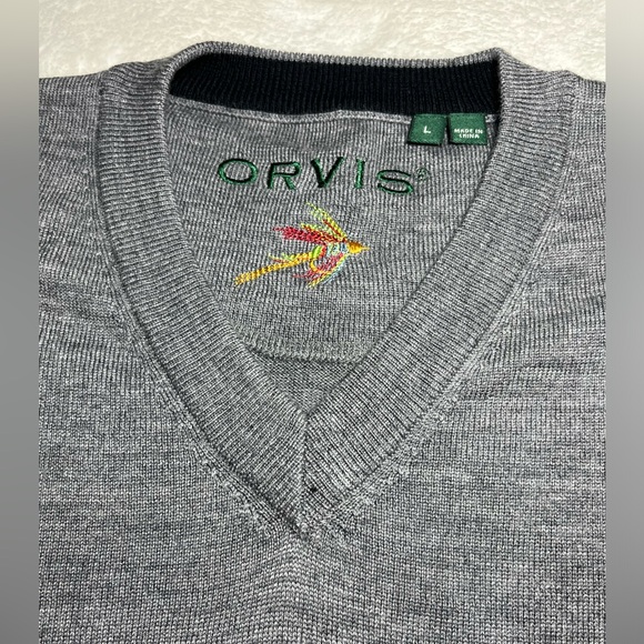ORVIS 100% Merino Wool Gray Men’s V Neck Long Sleeve Knit Sweater Sz L - Picture 4 of 9